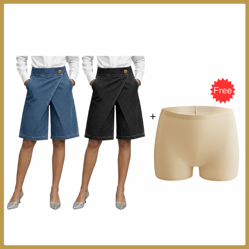 🩳 50% RABATT! ⏰ Modische asymmetrische Damen Shorts aus Jeans-Stoff – Wickel-Front Design & elastischer Stoff – Praktische Seitentaschen – perfekt für Stadt und Sommerausflüge ✨