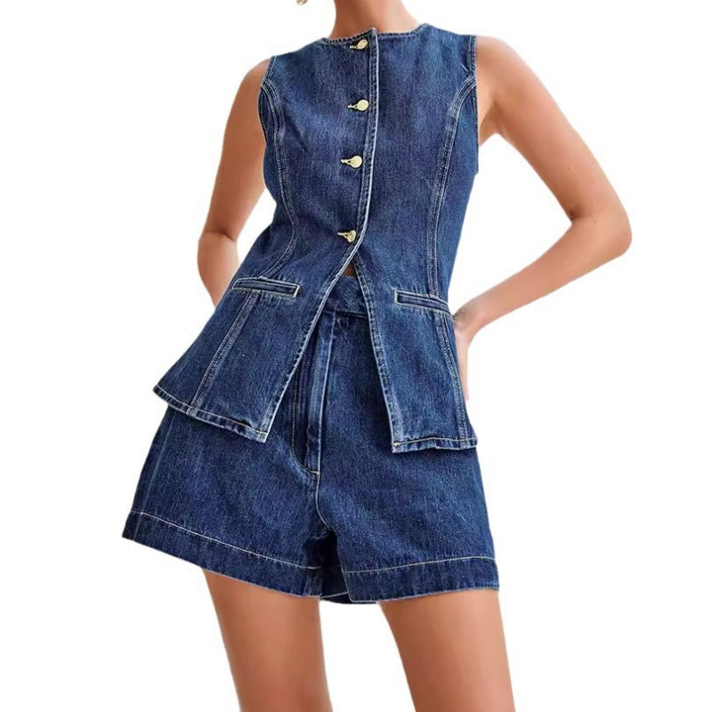 👖 Damen Denim Zweiteiler-Set ✨ Figurformendes Jeansweste & Shorts Set im Clean-Schnitt