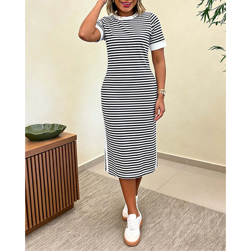 👗 Gestreiftes Midi-Kleid mit kurzen Ärmeln für Damen – luftig, bequem & vielseitig – perfekt für Alltag, Strand & Freizeit