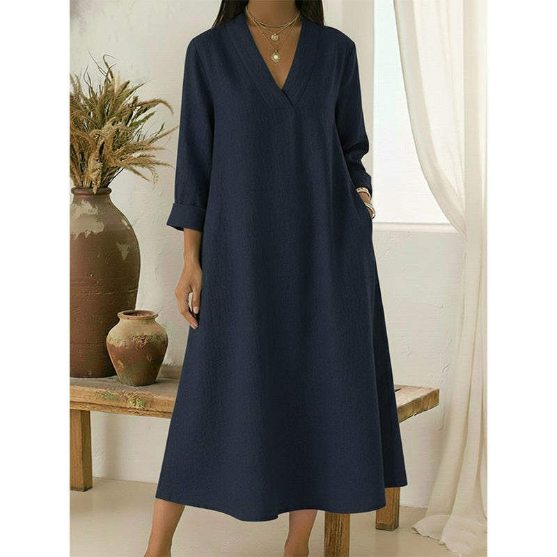 ✨ New Arrivals Now on Sale! Women's V-Neck Cotton Linen A-Line Dress – luftig, bequem & vielseitig – perfekt für Alltag, Strand & Freizeit