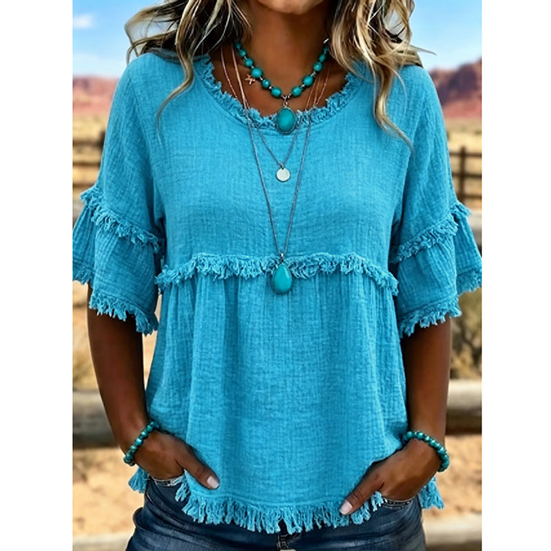 đ LĂ€ssiges Damenoberteil mit Fransenbesatz und RĂŒschenĂ€rmeln â femininer Boho-Look, luftig & vielseitig â perfekt fĂŒr warme Tage, Strand & Freizeit