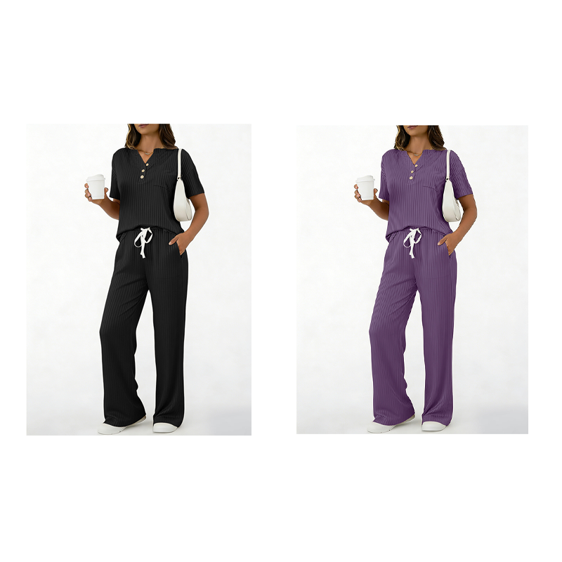 🧶Zweiteiliges Set aus Rippstrick-Oberteil und Hose für Damen – bequem, elastisch & perfekt aufeinander abgestimmt – ideal für Lounge, Homeoffice & Freizeit | Versandfrei