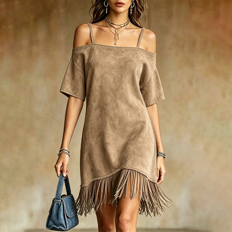 ⏰ Letzte Welle – Lager fast leer – 50% endet jederzeit!Damen Off-Shoulder-Träger-Fransenkleid