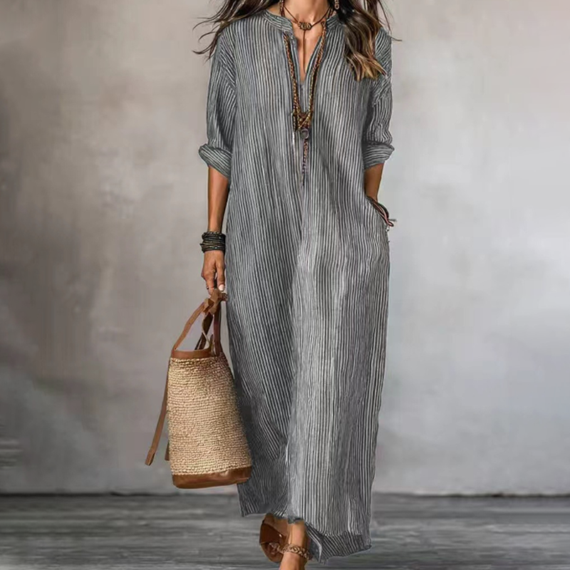 💞 Über 100.000 verkauft – der beliebteste Hit – jetzt zum halben Preis!Gestreiftes Maxikleid mit V-Ausschnitt für Damen