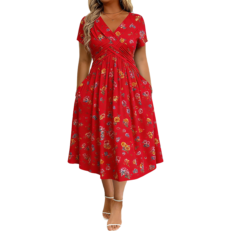 🌸 50 % RABATT | Mühelose Eleganz – Florales V-Ausschnitt-Kleid mit schmeichelhaftem Taillendetail