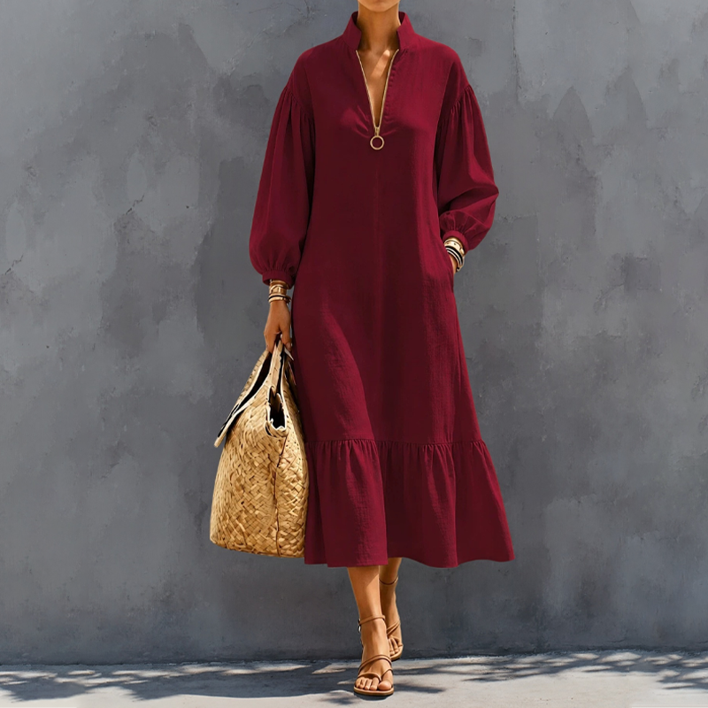 Damenkleid mit Stehkragen, halbem Reißverschluss und Ballonärmeln