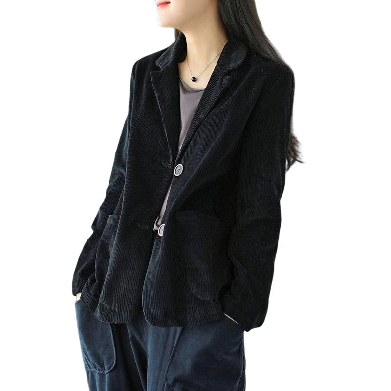 Vintage-Cordjacke für Damen, lässig weit geschnitten, mit Kragen im Blazer-Stil und Taschen