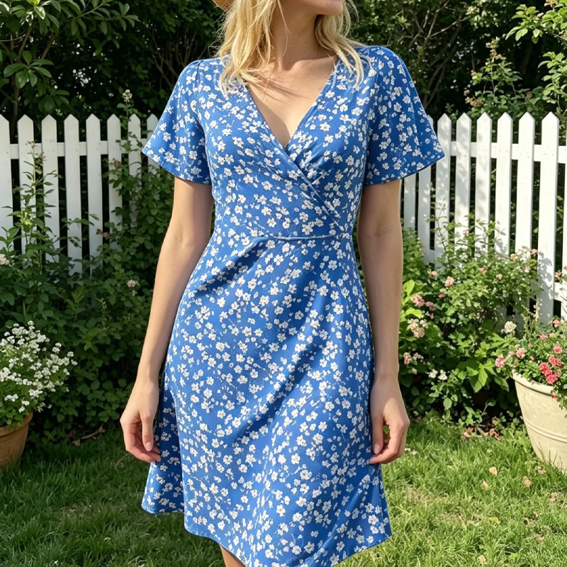 V-Ausschnitt-Kleid mit Blumenprint – Leichter Stoff, bequemer Sitz & vielseitig kombinierbar – Ideal für Frühling, Sommer & entspannte Stunden