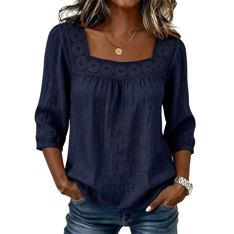 🧨 Bestseller ist zurück – alle, die beim letzten Mal leer ausgingen, jetzt zugreifen! Damen-Bluse mit Spitze und Häkelarbeit, eckiger Ausschnitt