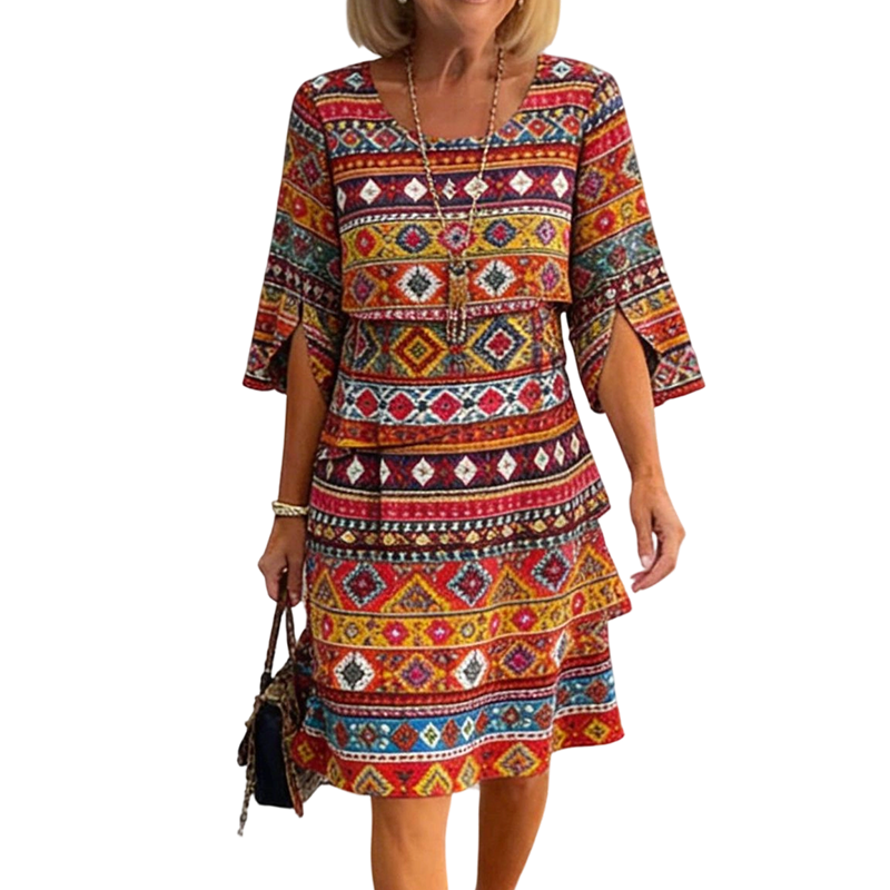 ⌛ Nur solange Vorrat reicht – danach regulärer Preis! Damen Kleid mit Ethno-Muster, V-Ausschnitt und Stufenrock