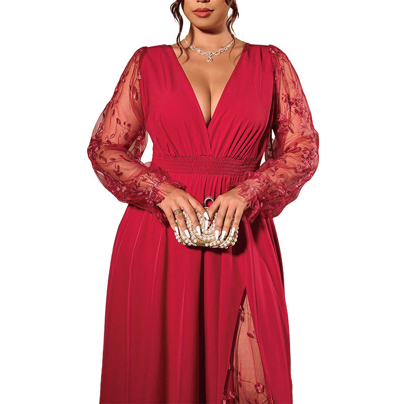 📢📢50%Rabatt!!!🎉✨Elegantes Damen-Maxikleid mit V-Ausschnitt und Spitzenapplikationen