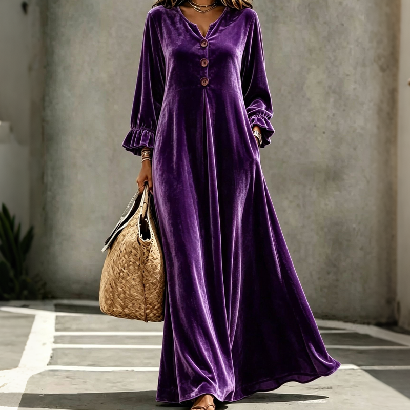 Elegantes Samt-Maxikleid für Damen mit Rüschenärmeln