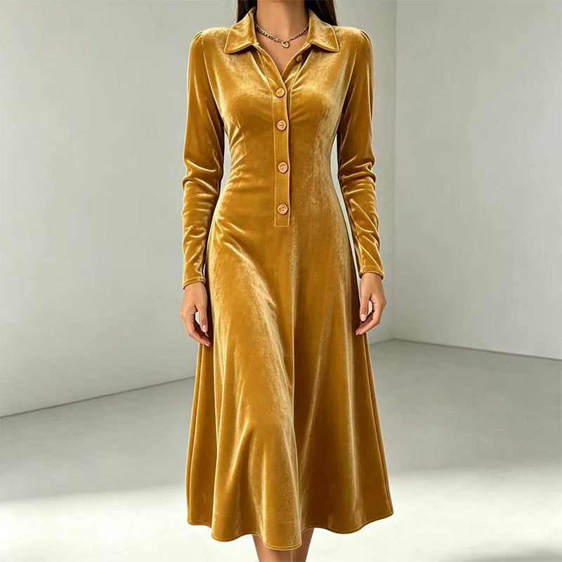 Damen Vintage Samt-A-Linien-Kleid mit Knopfleiste vorne