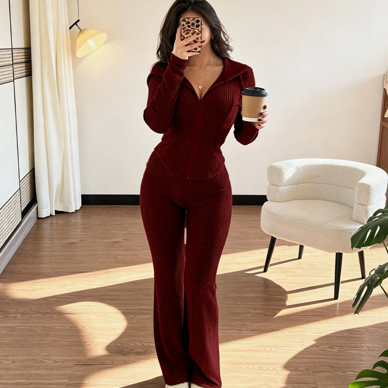 📢📢50% Rabatt!!! 🎉✨ Damen-Set aus gerippter Kapuzenjacke mit Reißverschluss & Schlaghose