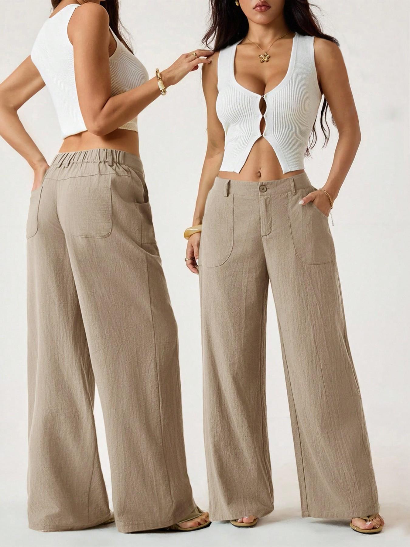 🔥Damen Palazzo-Hose aus Baumwoll-Leinen-Mischgewebe, sommerlich fließend, weit geschnitten, gerades Bein, mit Tasche, lässige, einfarbige Loungehose mit weichem, elastischem Bund und hohem Bund.
