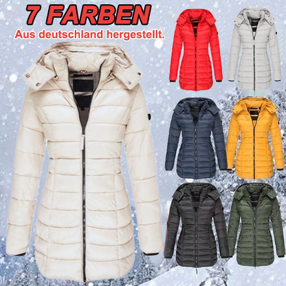 📢📢50% Rabatt + KOSTENLOSER VERSAND!!! 🎉✨ Mittellange wattierte Winterjacke für Damen – einfarbig & warme Kapuze