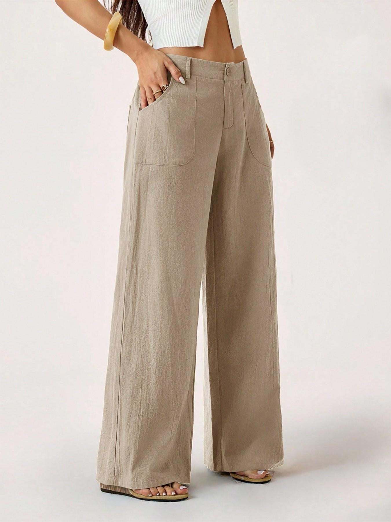 🔥Damen Palazzo-Hose aus Baumwoll-Leinen-Mischgewebe, sommerlich fließend, weit geschnitten, gerades Bein, mit Tasche, lässige, einfarbige Loungehose mit weichem, elastischem Bund und hohem Bund.