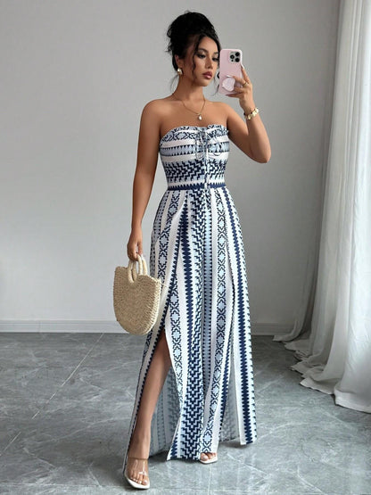 Damen Jumpsuit Schulterfrei Floral im Boho-Stil – Eleganter Sommer-Overall mit Bardot-Ausschnitt – 50% Rabatt