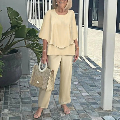 💃✨Damen-Zweiteiler: Bedruckte Hose & Oberteil mit Rundhalsausschnitt