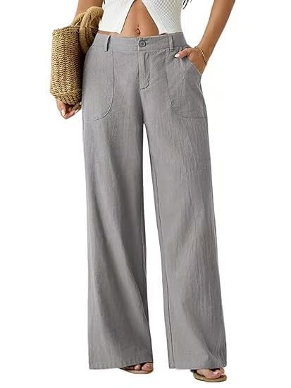 🔥Damen Palazzo-Hose aus Baumwoll-Leinen-Mischgewebe, sommerlich fließend, weit geschnitten, gerades Bein, mit Tasche, lässige, einfarbige Loungehose mit weichem, elastischem Bund und hohem Bund.