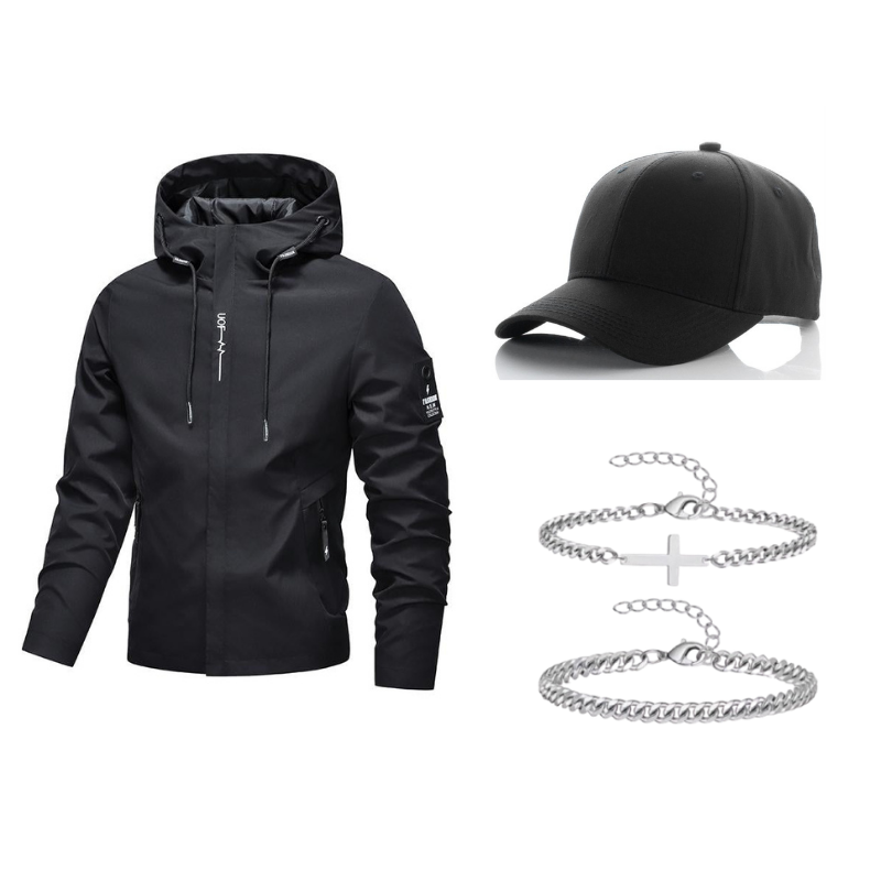 Schwarz_Jacke+Mütze+Armband