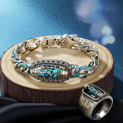 ✨Neun-Augen-Dzi-Armband mit Mantra mit sechs Charakteren in Türkis✨