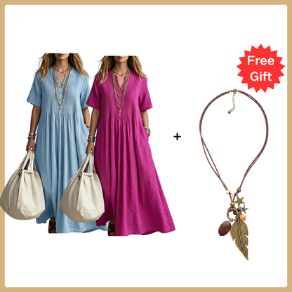 🔥 🔥Nur heute – Bis zu 50% RABATT 👗 Damen lockeres lässiges V-Ausschnitt Kleid✨