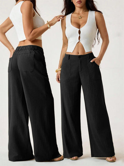🔥Damen Palazzo-Hose aus Baumwoll-Leinen-Mischgewebe, sommerlich fließend, weit geschnitten, gerades Bein, mit Tasche, lässige, einfarbige Loungehose mit weichem, elastischem Bund und hohem Bund.