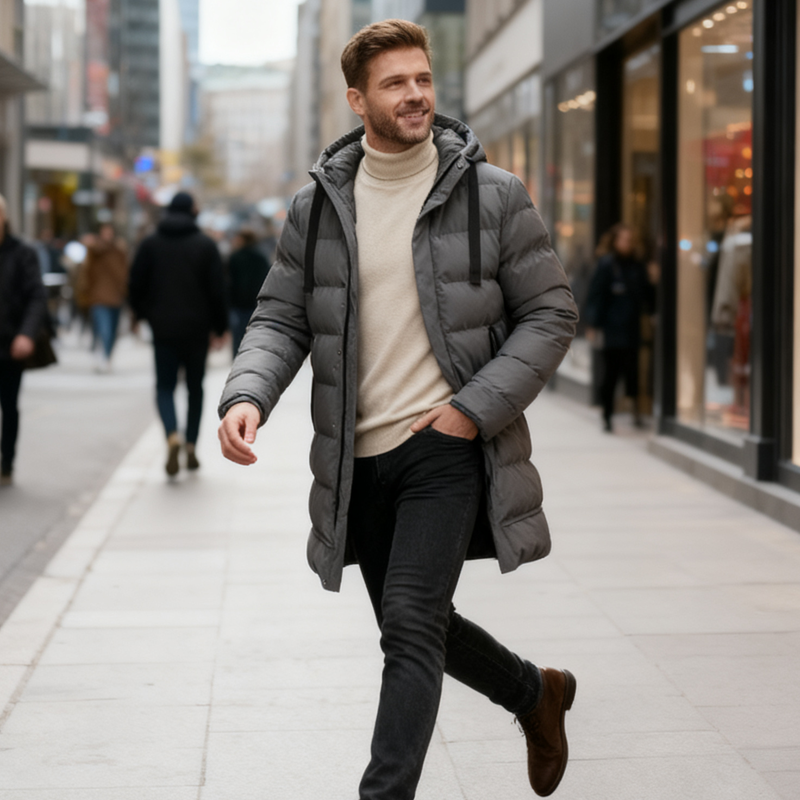 🔈🔈Nützliche Winterprodukte – 50 % reduziert❄️ Herren-Daunenjacke in mittlerer Länge mit Kapuze