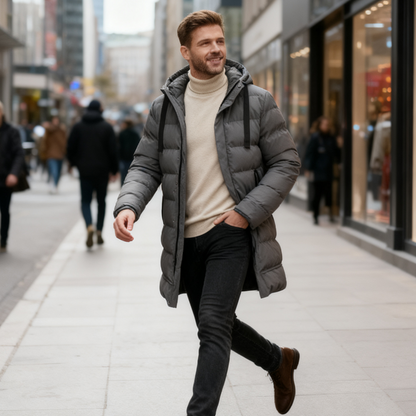 🔈🔈Nützliche Winterprodukte – 50 % reduziert❄️ Herren-Daunenjacke in mittlerer Länge mit Kapuze