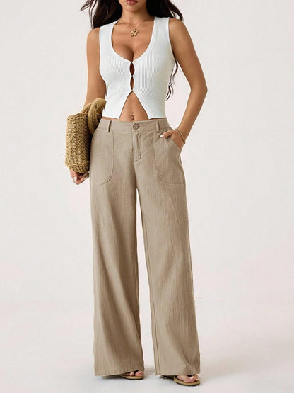 🔥Damen Palazzo-Hose aus Baumwoll-Leinen-Mischgewebe, sommerlich fließend, weit geschnitten, gerades Bein, mit Tasche, lässige, einfarbige Loungehose mit weichem, elastischem Bund und hohem Bund.