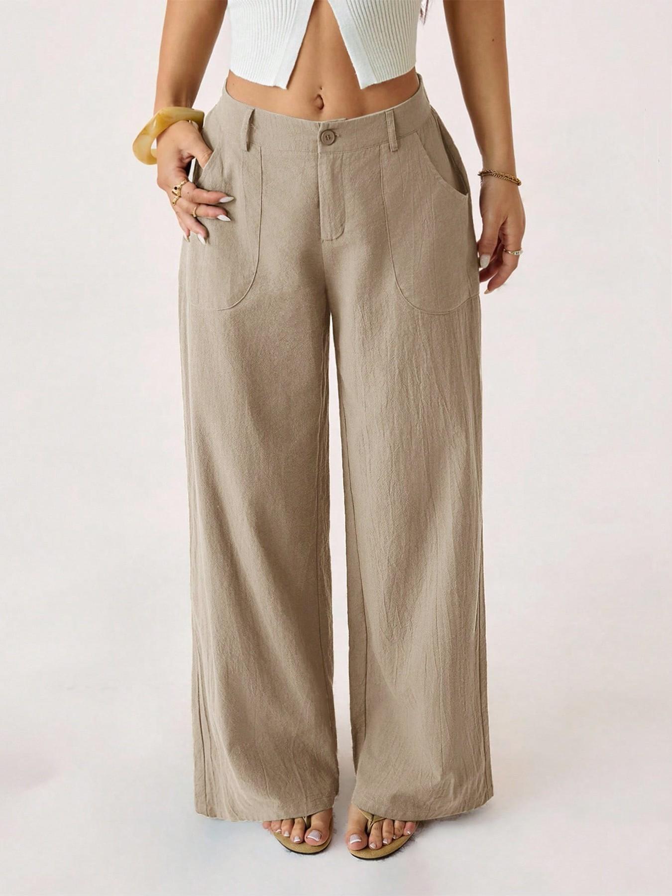 🔥Damen Palazzo-Hose aus Baumwoll-Leinen-Mischgewebe, sommerlich fließend, weit geschnitten, gerades Bein, mit Tasche, lässige, einfarbige Loungehose mit weichem, elastischem Bund und hohem Bund.