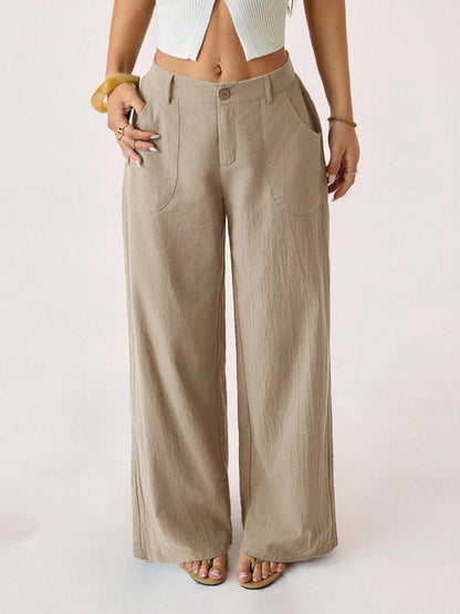 🔥Damen Palazzo-Hose aus Baumwoll-Leinen-Mischgewebe, sommerlich fließend, weit geschnitten, gerades Bein, mit Tasche, lässige, einfarbige Loungehose mit weichem, elastischem Bund und hohem Bund.