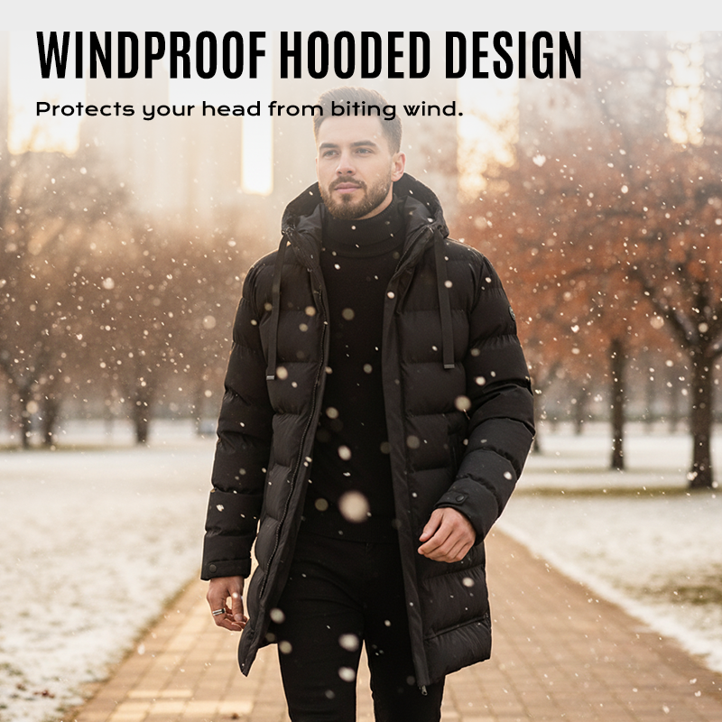🔈🔈Nützliche Winterprodukte – 50 % reduziert❄️ Herren-Daunenjacke in mittlerer Länge mit Kapuze