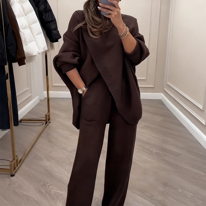 🔥 50% RABATT! NEU! Damen 2-Teiler-Set – Asymmetrischer Pullover + Weite Hosen, lockere Passform und weiches Material, ultra bequem 👚✨