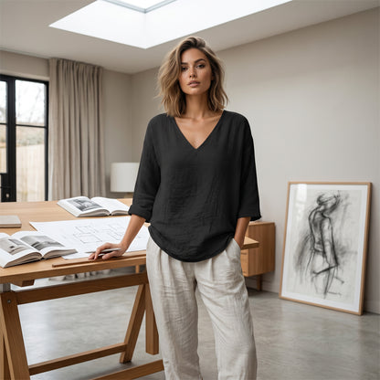👕 Lässige Damenbluse mit V-Ausschnitt und Dreiviertelärmeln – eleganter Look, luftiger Schnitt & vielseitig – perfekt für Alltag, Büro & Freizeit