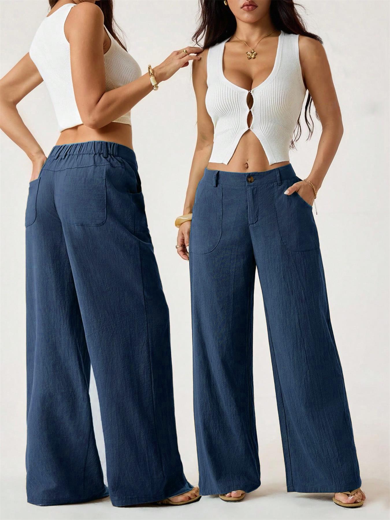 🔥Damen Palazzo-Hose aus Baumwoll-Leinen-Mischgewebe, sommerlich fließend, weit geschnitten, gerades Bein, mit Tasche, lässige, einfarbige Loungehose mit weichem, elastischem Bund und hohem Bund.