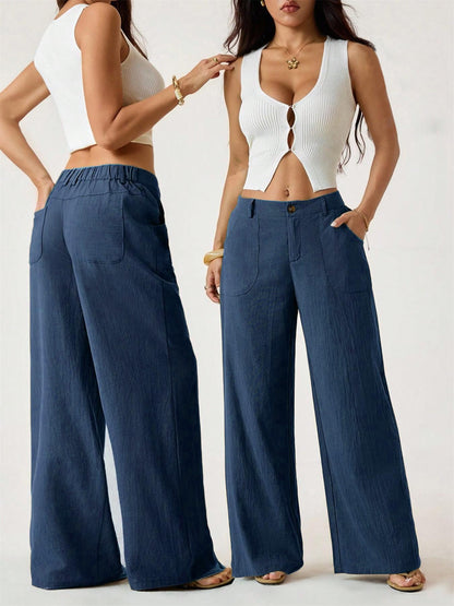 🔥Damen Palazzo-Hose aus Baumwoll-Leinen-Mischgewebe, sommerlich fließend, weit geschnitten, gerades Bein, mit Tasche, lässige, einfarbige Loungehose mit weichem, elastischem Bund und hohem Bund.