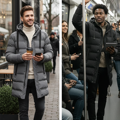 🔈🔈Nützliche Winterprodukte – 50 % reduziert❄️ Herren-Daunenjacke in mittlerer Länge mit Kapuze