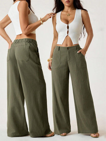 🔥Damen Palazzo-Hose aus Baumwoll-Leinen-Mischgewebe, sommerlich fließend, weit geschnitten, gerades Bein, mit Tasche, lässige, einfarbige Loungehose mit weichem, elastischem Bund und hohem Bund.