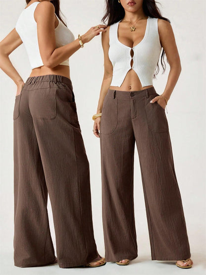 🔥Damen Palazzo-Hose aus Baumwoll-Leinen-Mischgewebe, sommerlich fließend, weit geschnitten, gerades Bein, mit Tasche, lässige, einfarbige Loungehose mit weichem, elastischem Bund und hohem Bund.