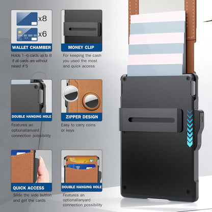 💼🔒Men's Slim RFID Blocking Aluminum Wallet – Pop-Up Card Holder with Money Clip & Dual ID Windows