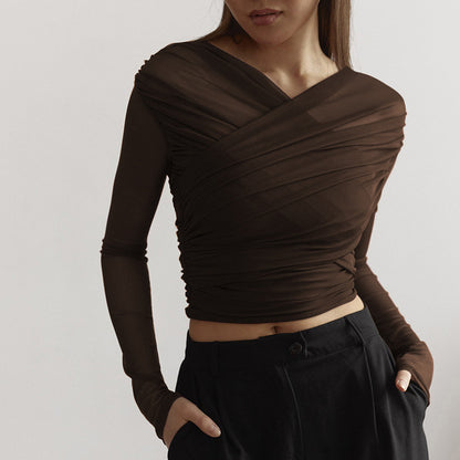 Sexy, gerafftes Langarm-T-Shirt aus Netzstoff