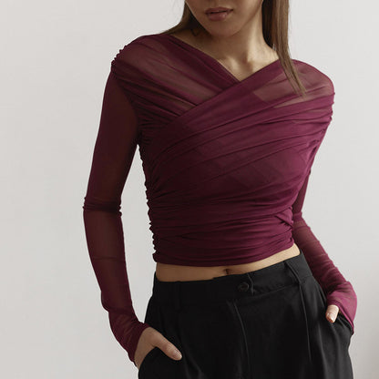Sexy, gerafftes Langarm-T-Shirt aus Netzstoff