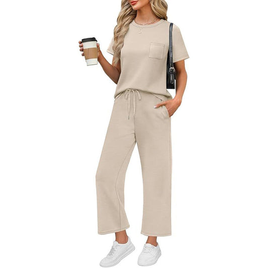 🌸 SUMMER HOT SALE – 50% OFF! 💖 Damen Casual Lounge Set – Kurzarm-Oberteil & weite Crop-Pants – bequem, luftig & perfekt aufeinander abgestimmt