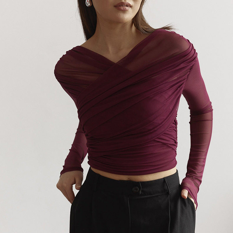 Sexy, gerafftes Langarm-T-Shirt aus Netzstoff