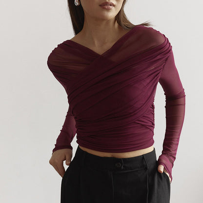 Sexy, gerafftes Langarm-T-Shirt aus Netzstoff