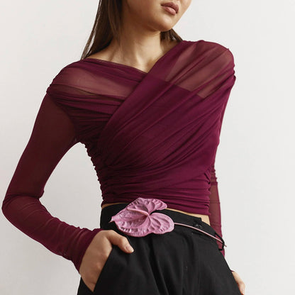 Sexy, gerafftes Langarm-T-Shirt aus Netzstoff