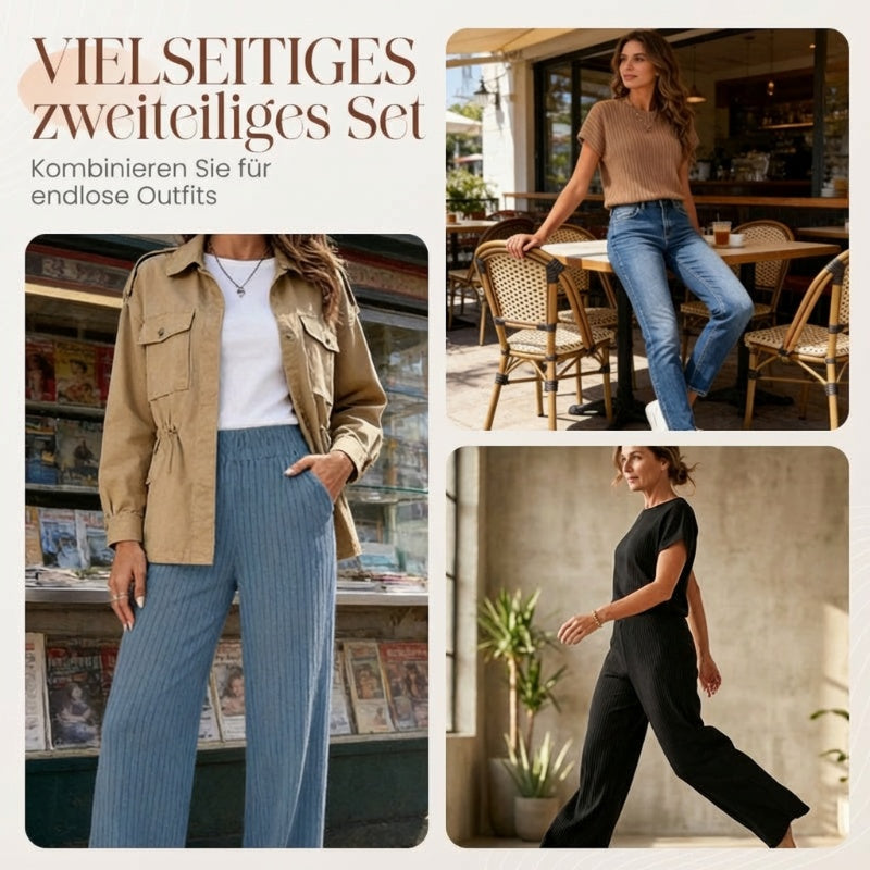 👚 50% RABATT! 🔥 Damen Zweiteiler aus Rippstrick – Oberteil & Weite Hose, Bequemer Schnitt & Perfekt Für Einen Stilvollen, Sofortigen Look 💃