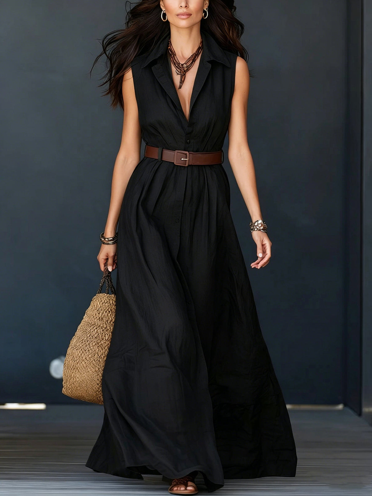 Trending Now⭐💃 Flowy A-Line Maxi Dress with Lapel Collar & Matching Belt